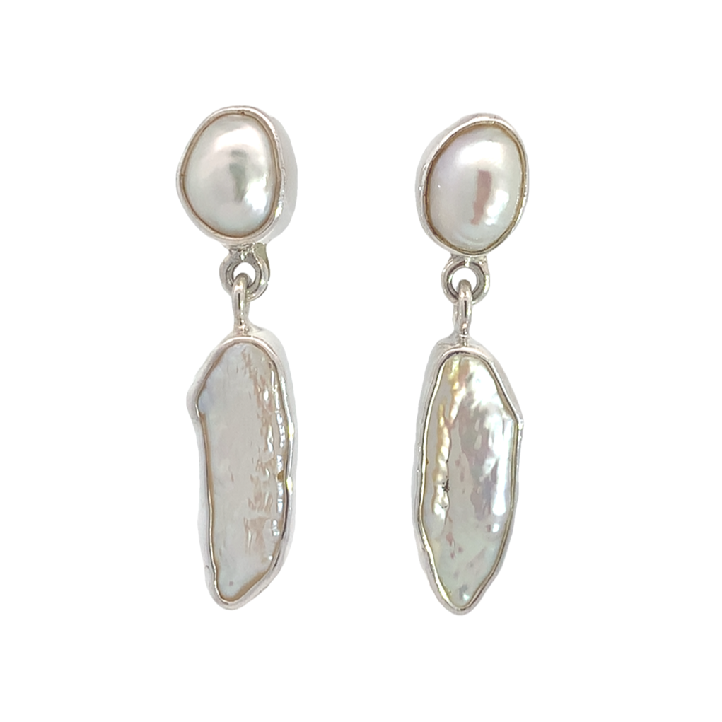 Sterling Silver Freshwater Pearl Earrings-Artisan Made Double White Fresh Water Pearl Bezel Set Drop Earrings