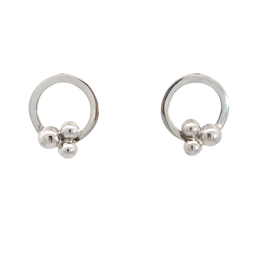 Sterling Silver Earrings-Artisan Made Front Facing Circle Earring With three Beads Embellishment 20mm long