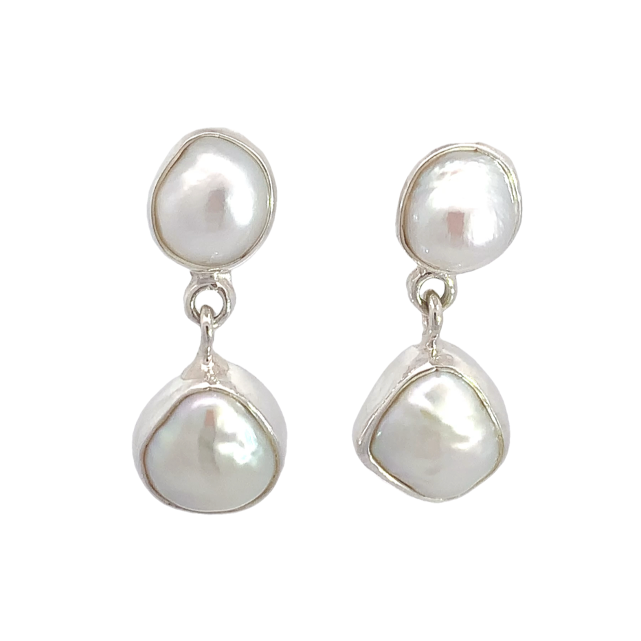 Sterling SilverFreshwater Pearl Earrings-Artisan Bezel set Double White Pearl Dangle Earrings