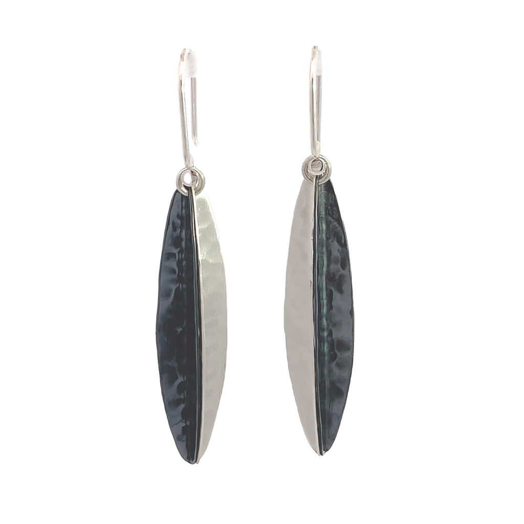 Sterling Silver Black & Silver Dangle Earring-Artisan Guille Arregui Two-Tone Oxidized Black Leaf Shape Dangle Earring