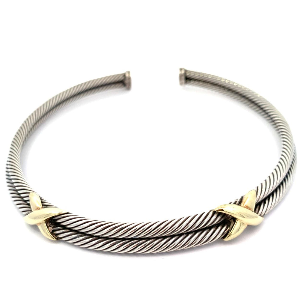 David Yurman Sterling Silver and 14kyg Double X Station Collar-Designer Two-Tone Collar