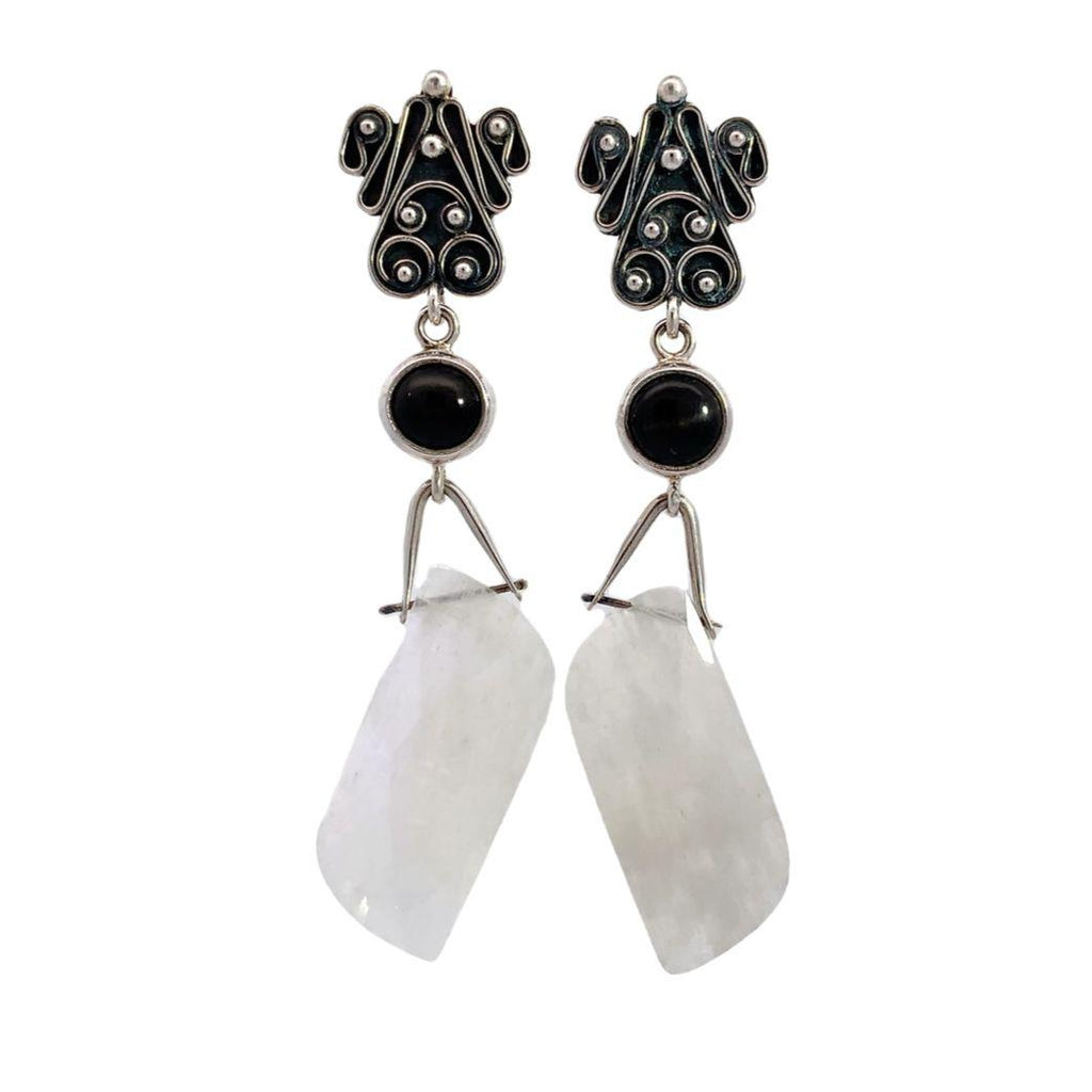 Antonio Escorcia earrings with Bezel Set Black Star Diopside and Modern-Shaped White Moonstone Dangle