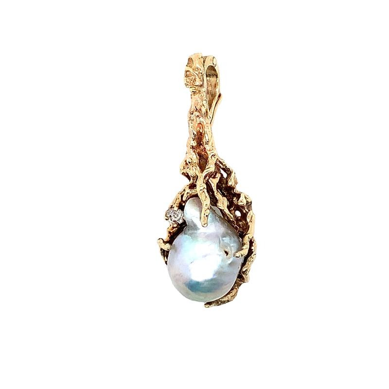 Estate Custom Elliot Brummitt for Charles Hopkins 14k Yellow Gold Baroque Grey Pearl, 0.04cttw RBC Diamond Freeform Textured Pendant