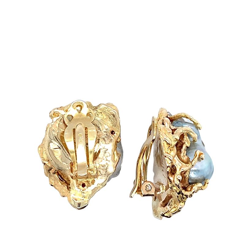 Estate Custom Elliot Brummitt for Charles Hopkins 14k Yellow Gold Baroque Grey Pearl Freeform Textured Clip-on Earrings