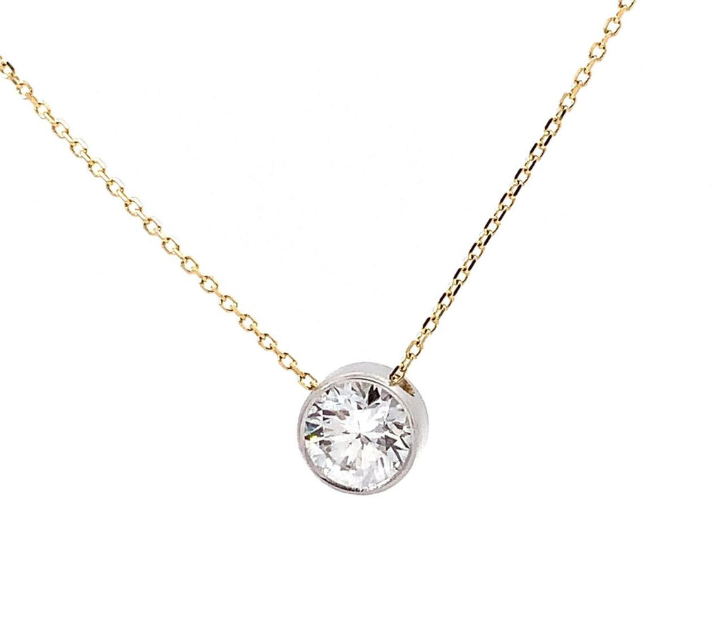 Lab Grown Round Brilliant cut Bezel Set Pendant on 14k yg Cable Chain