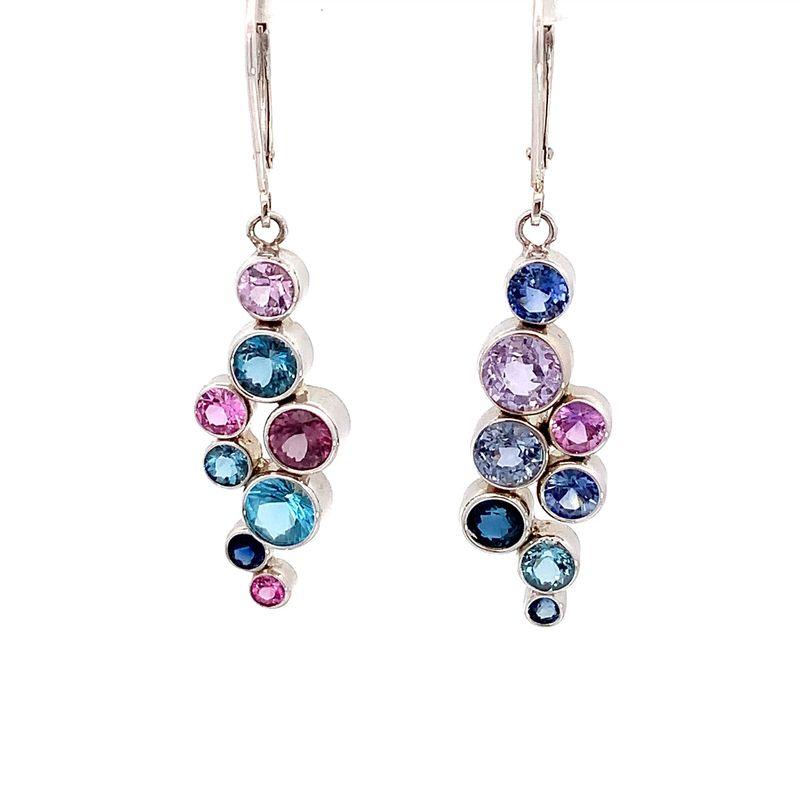 Custom Designed 14kwg Bubble Earring-Our Exclusive Dangle Earring with Round Natural Mix Color Sapphires and Blue Zircon