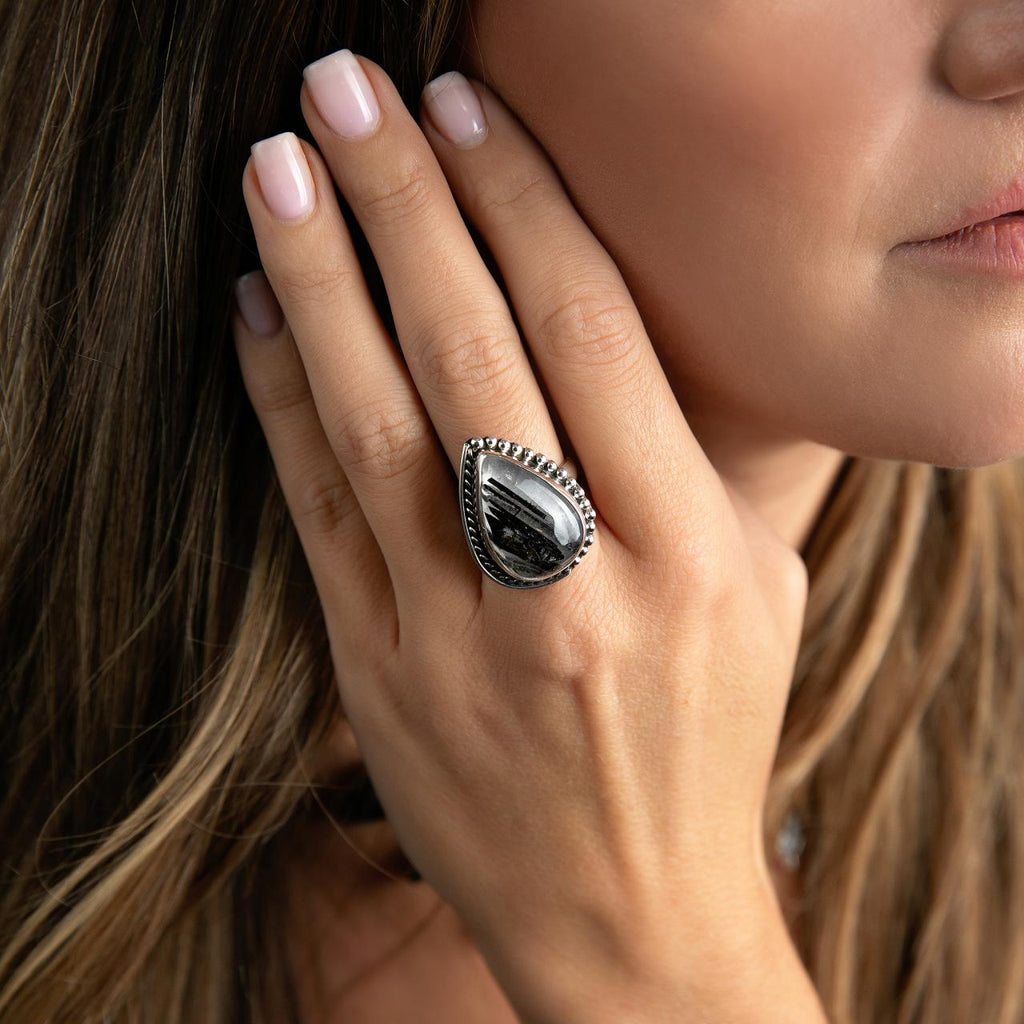 Artisan Taxco Sterling Silver Adjustable Ring with Black & White Tourmalated Quartz, Size 7