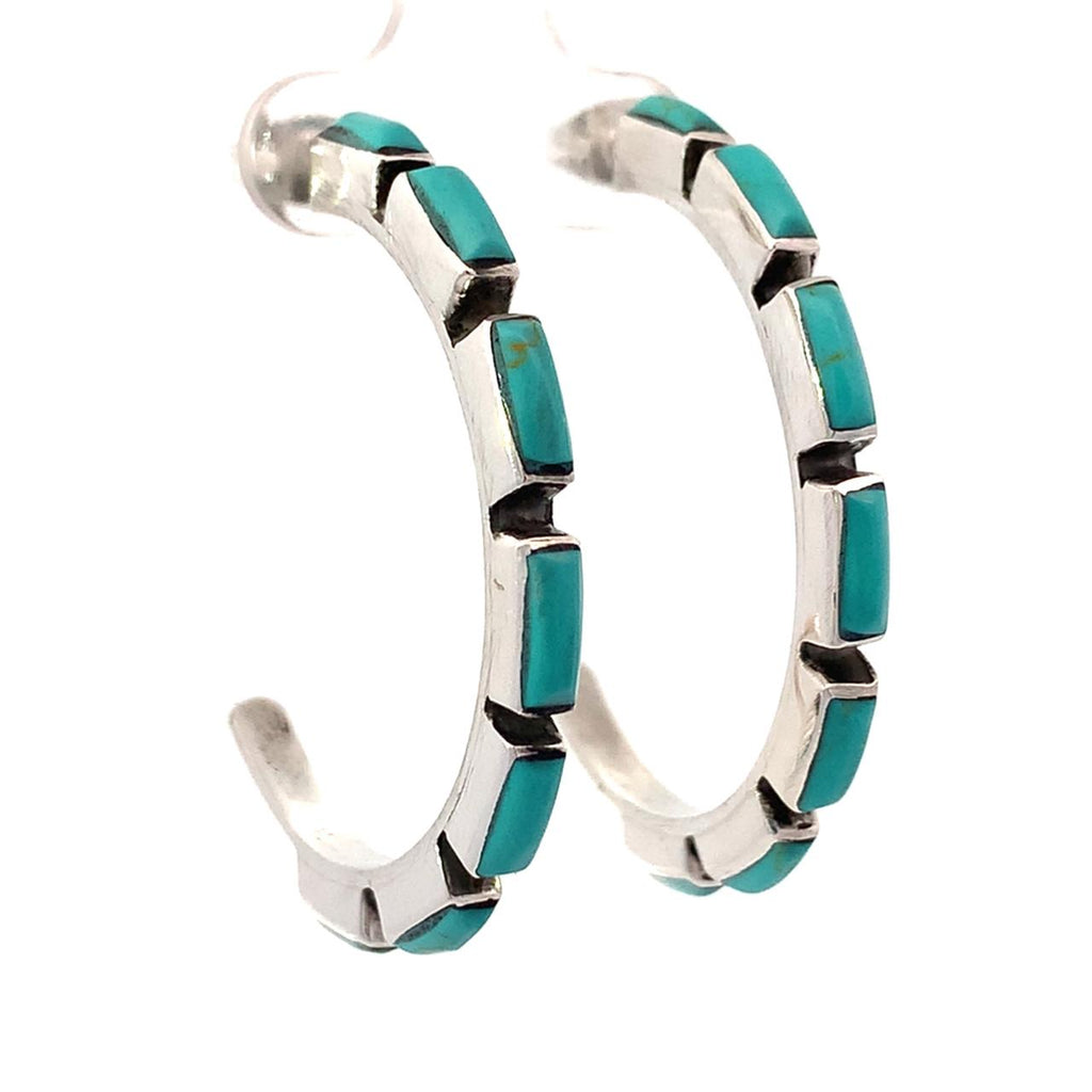 photo of a pair of handmade silver Turquoise inlay hoops 