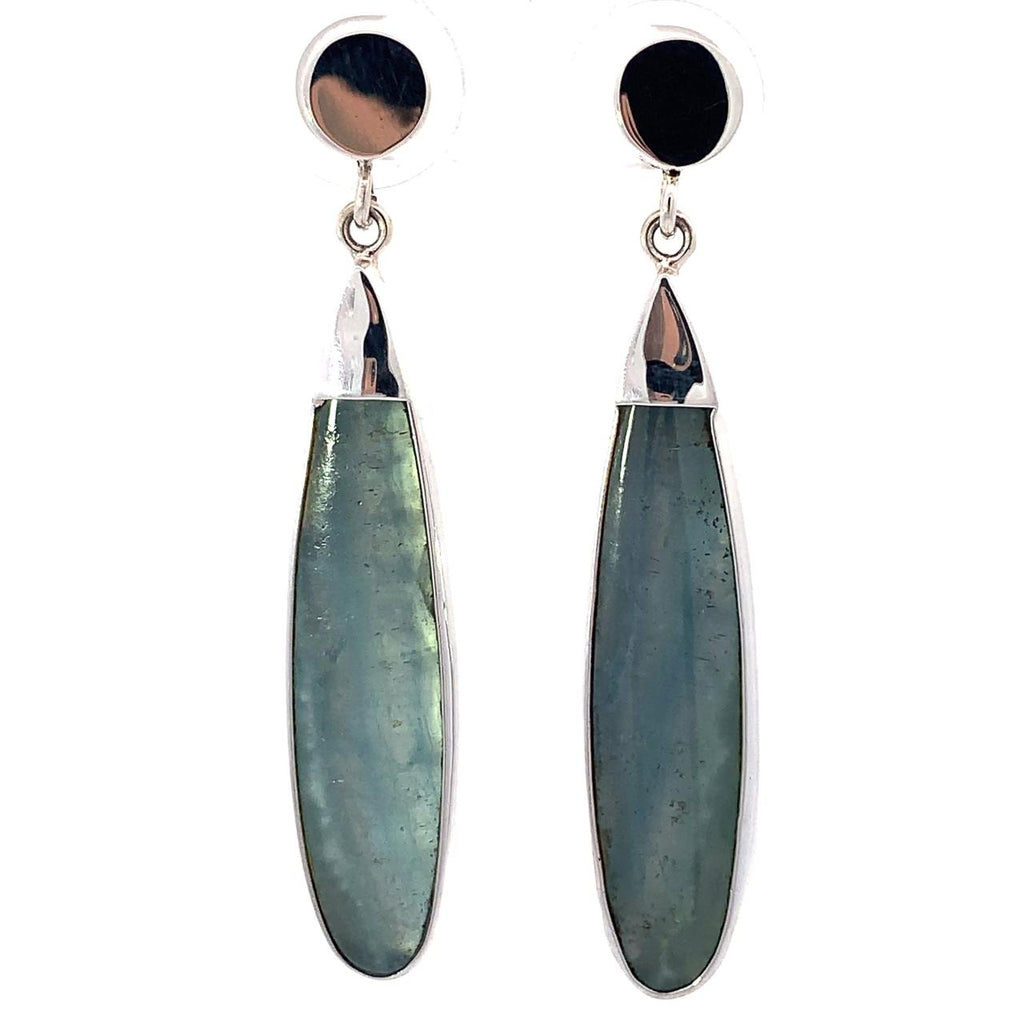 photo of sterling silver long Blue calcite earring on a white background