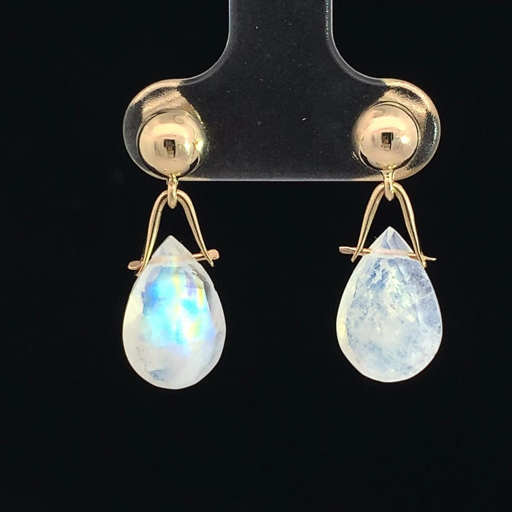 14K Yellow Gold Ball Top with Pear-Shaped Moonstone Drop Earrings