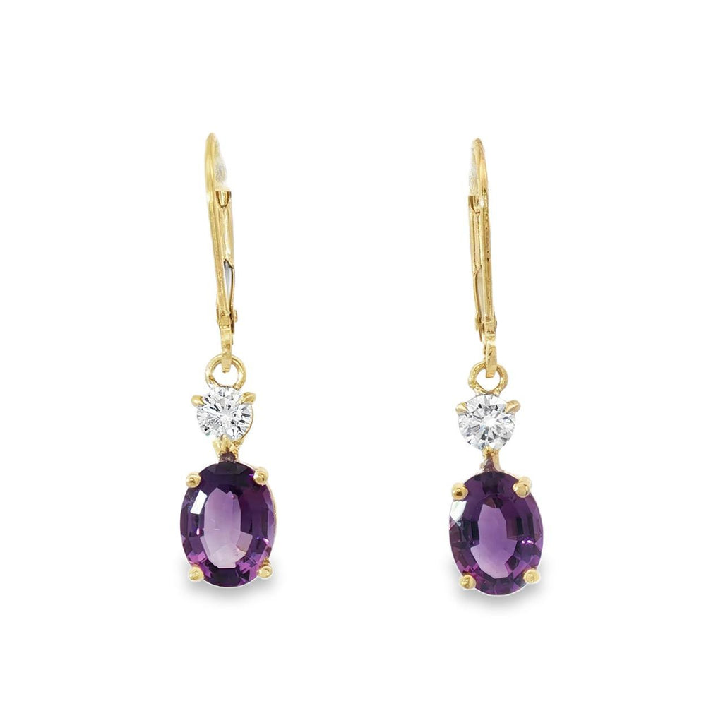 14K Yellow Gold Oval Amethyst Dangle Earrings with Lab-Grown Diamond Accent