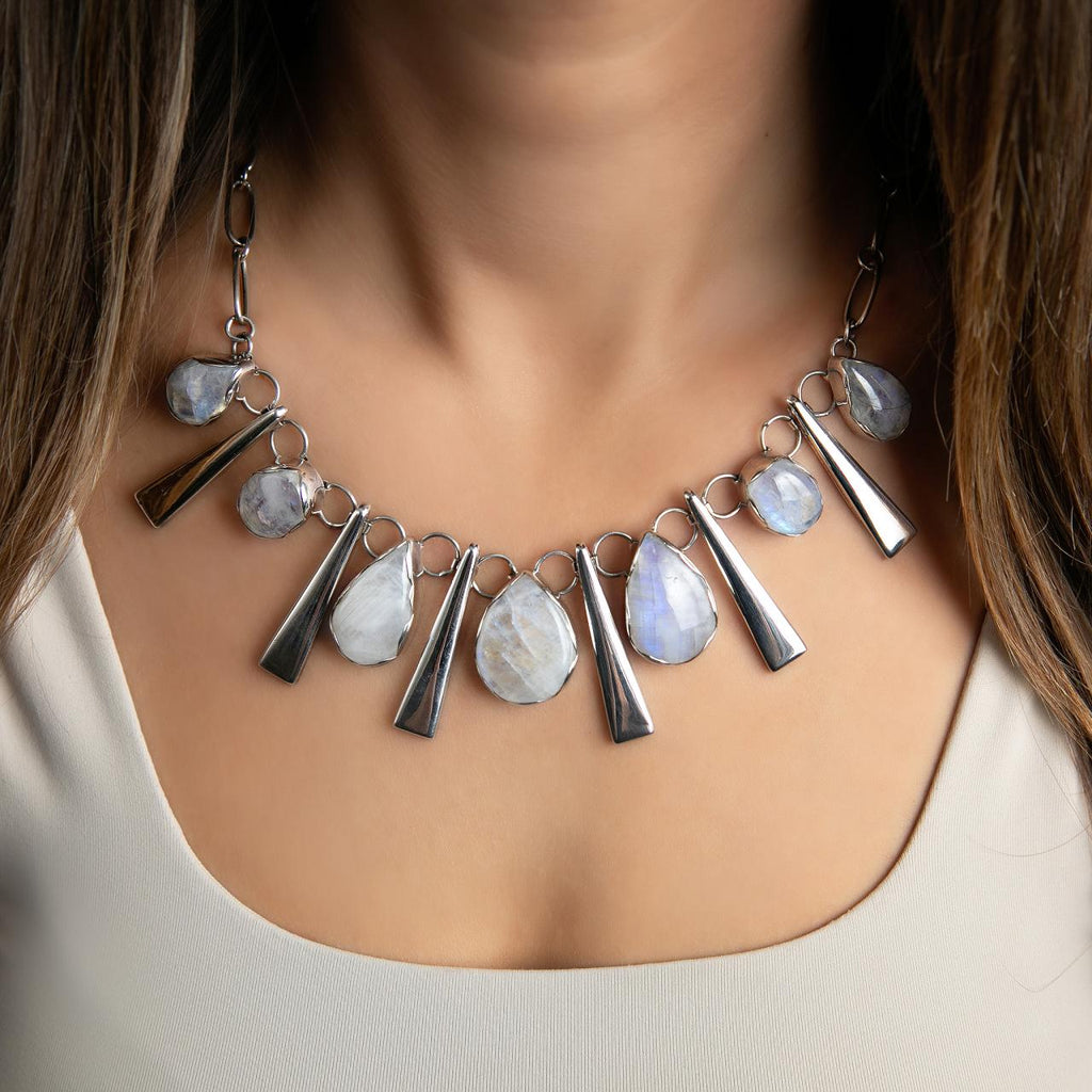 Handcrafted Sterling Silver Necklace with Raw Rainbow Moonstone & Modern Tapered Dangles