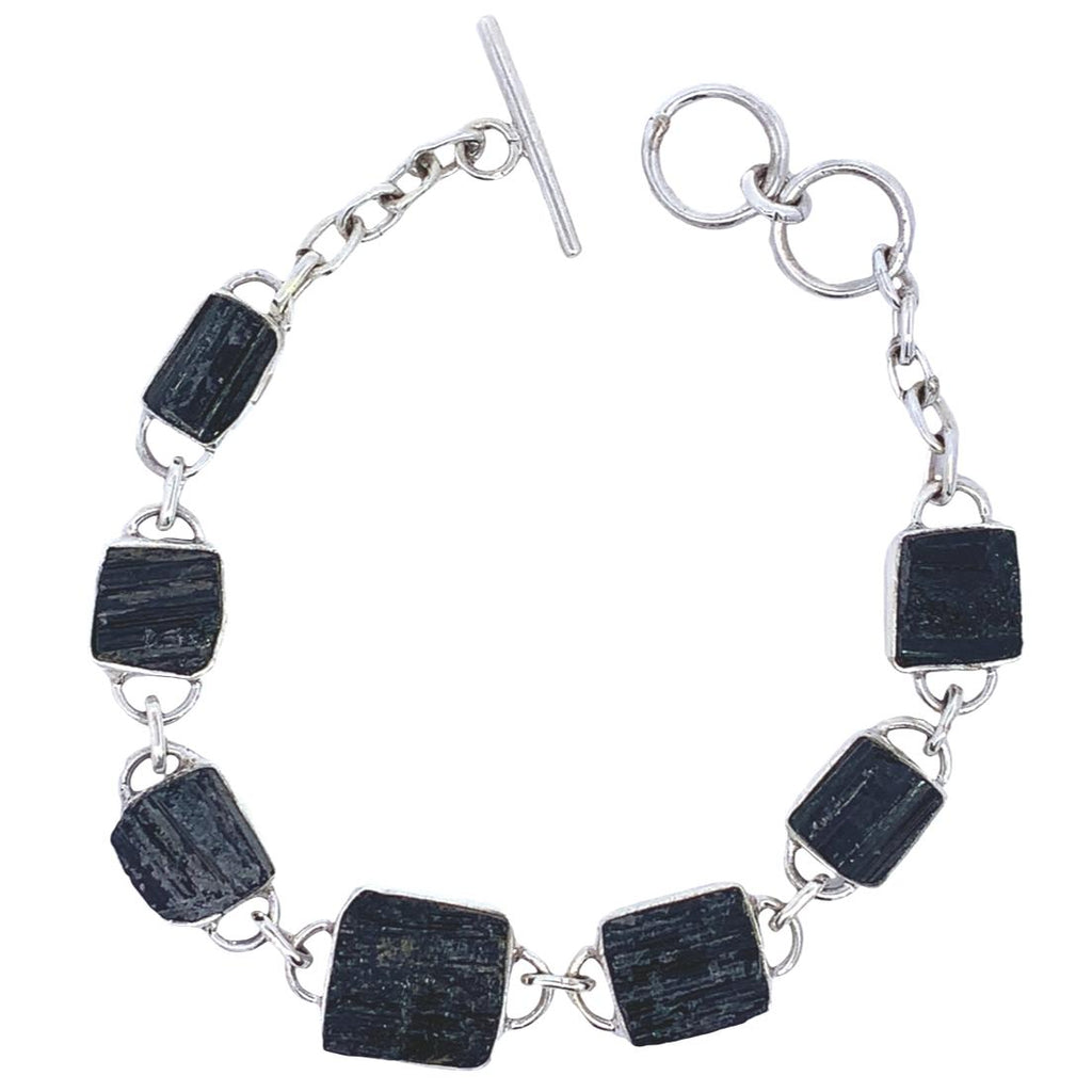 photo of a 7 gem Black Tourmaline link bracelet on a white background