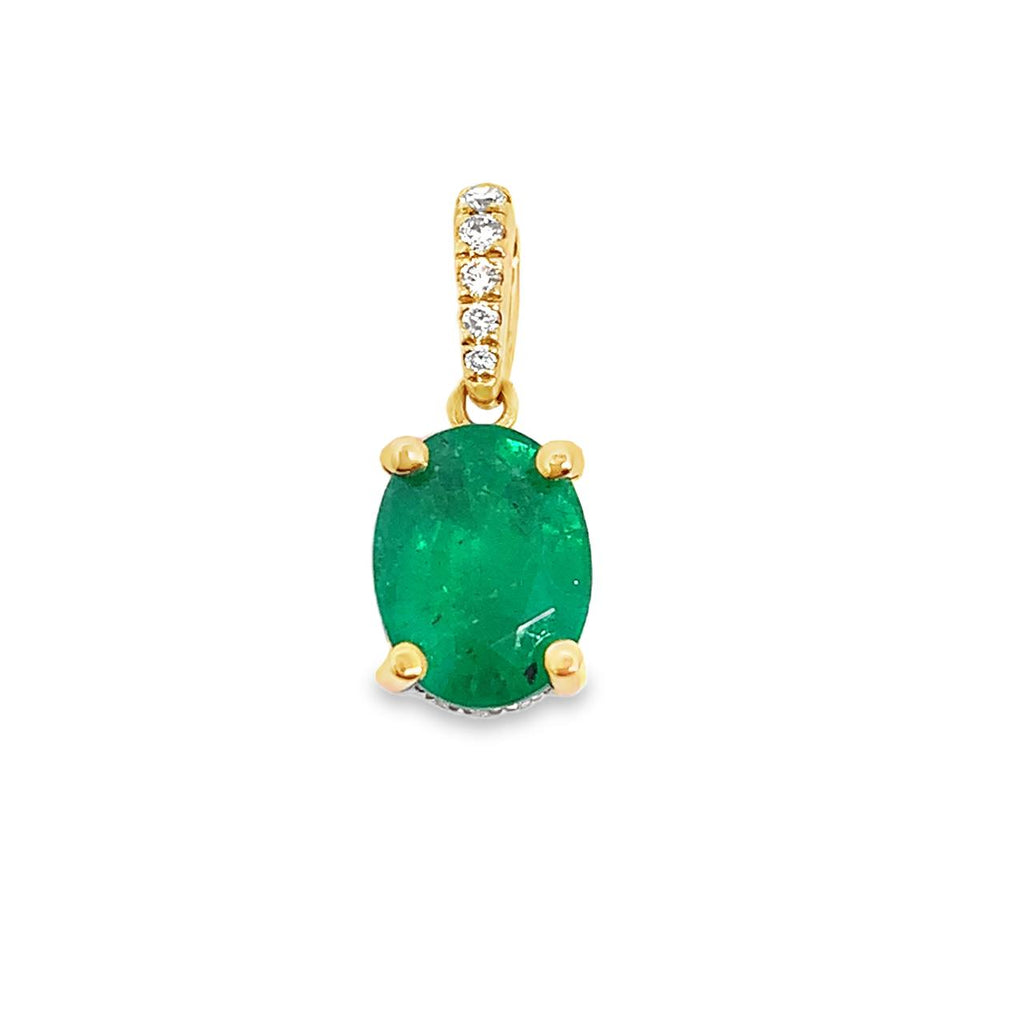 18K Yellow Gold Emerald Pendant with Diamond Bail & Hidden Halo - 1.93ct Oval Emerald, 0.14cttw