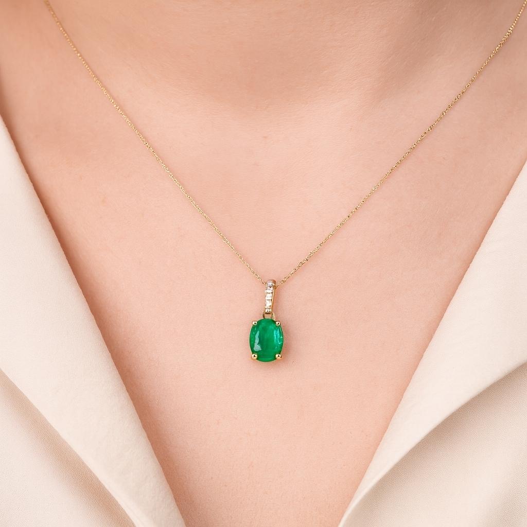 18K Yellow Gold Emerald Pendant with Diamond Bail & Hidden Halo - 1.93ct Oval Emerald, 0.14cttw