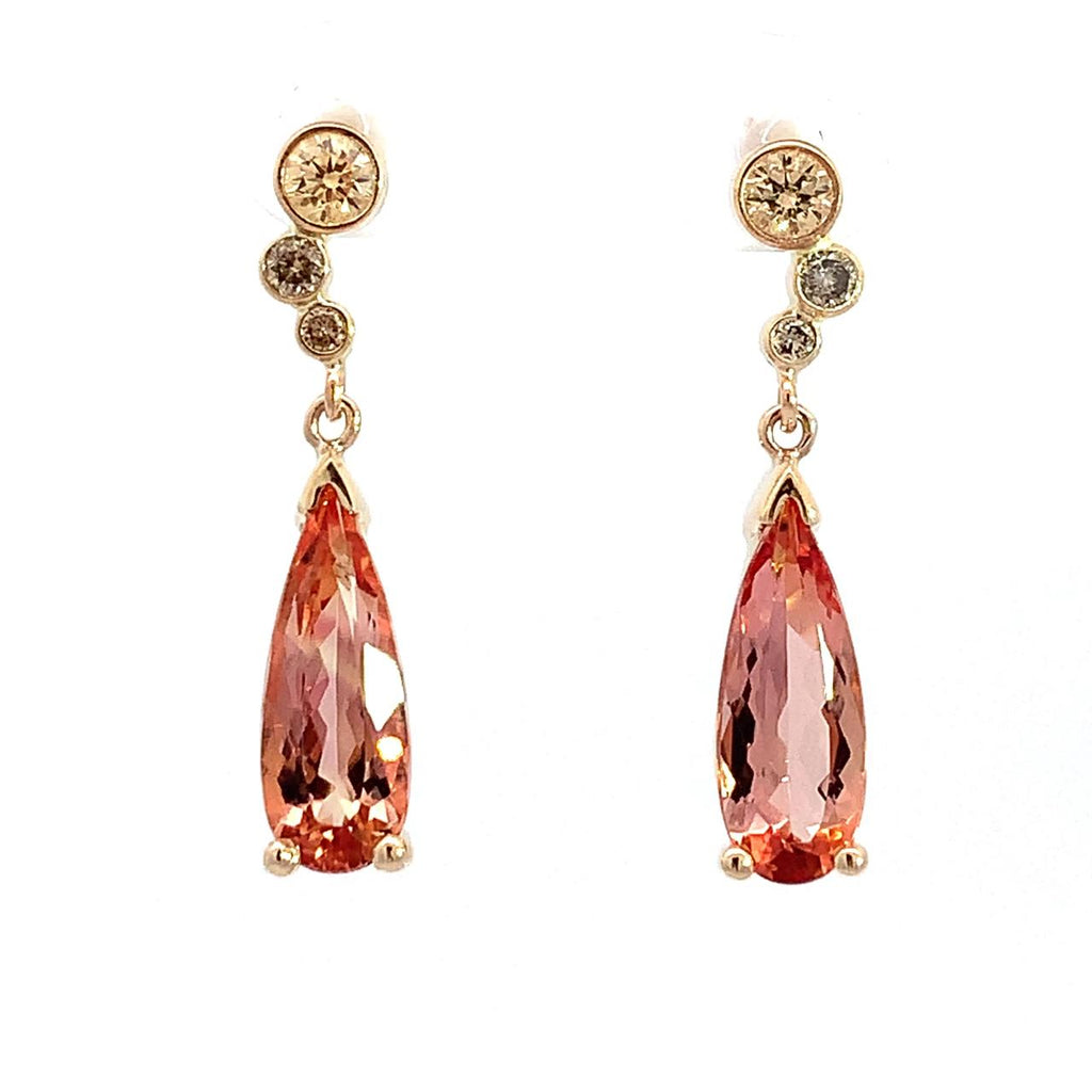 Bespoke 14k Gold Earrings Featuring 4.30ct Pear Imperial Topaz & Natural Round Champions