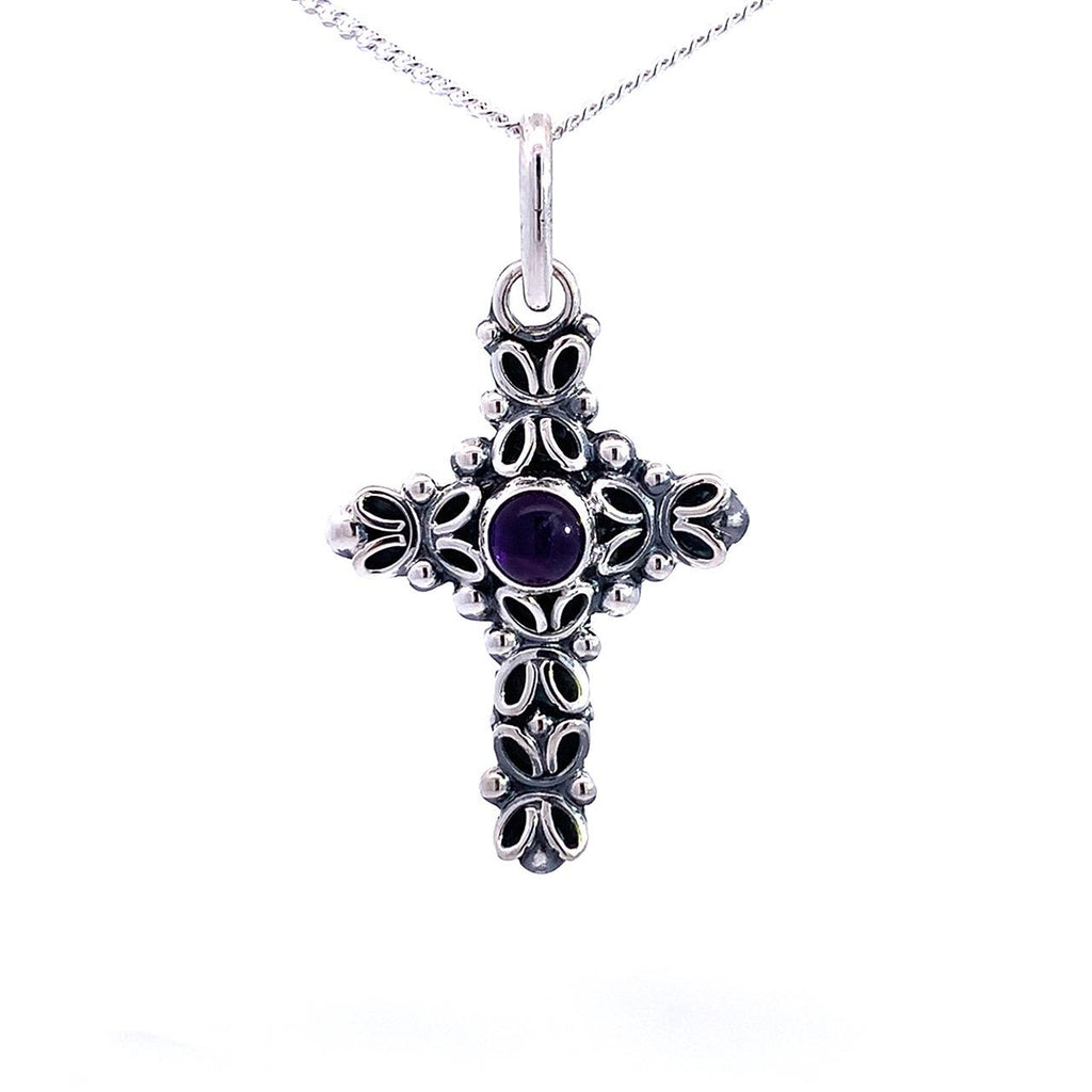 Artisan Taxco Sterling Silver Cross Pendant with Amethyst Cabochon