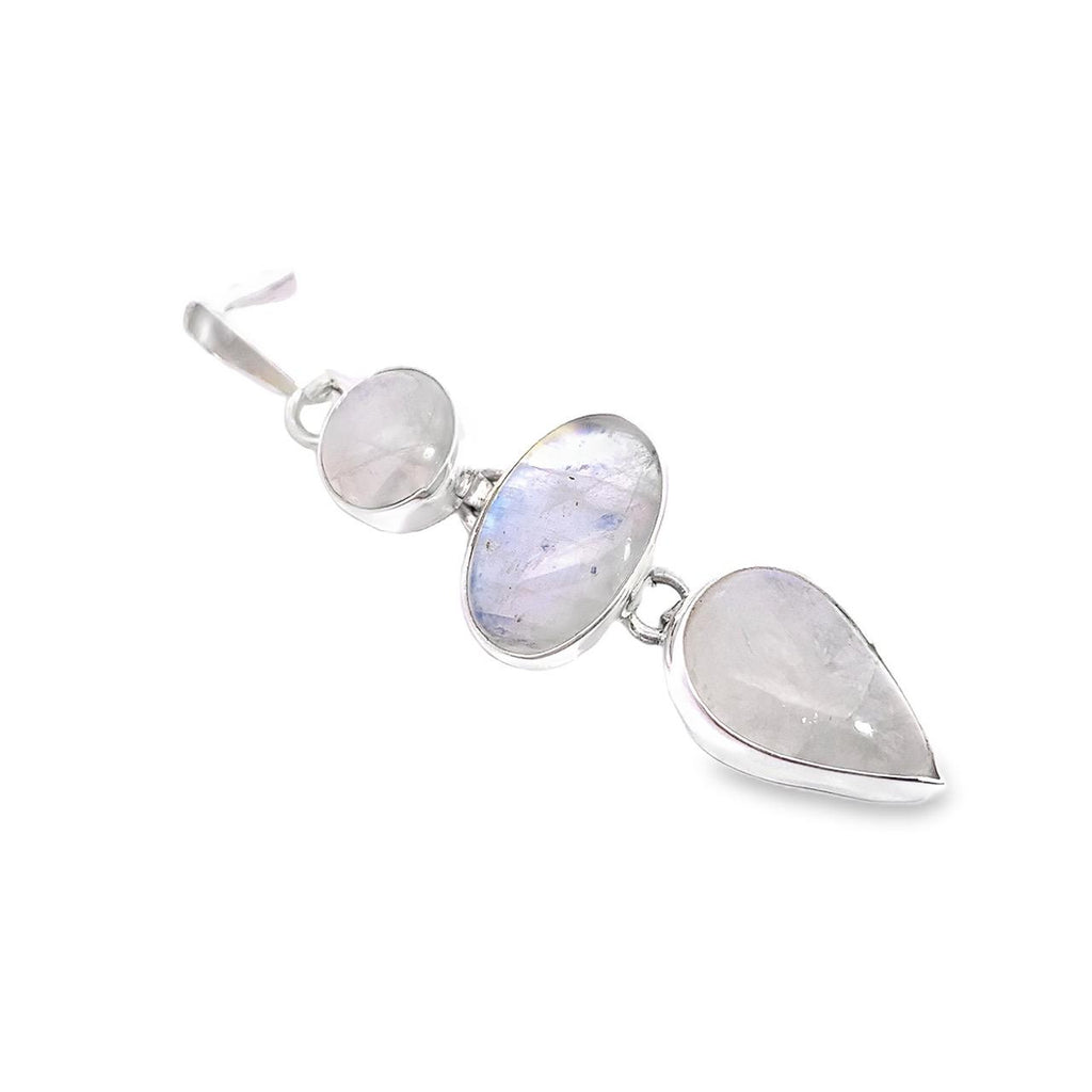 Taxco artisan sterling silver triple moonstone pendant with round oval and pear cabochons bezel set 56mm long