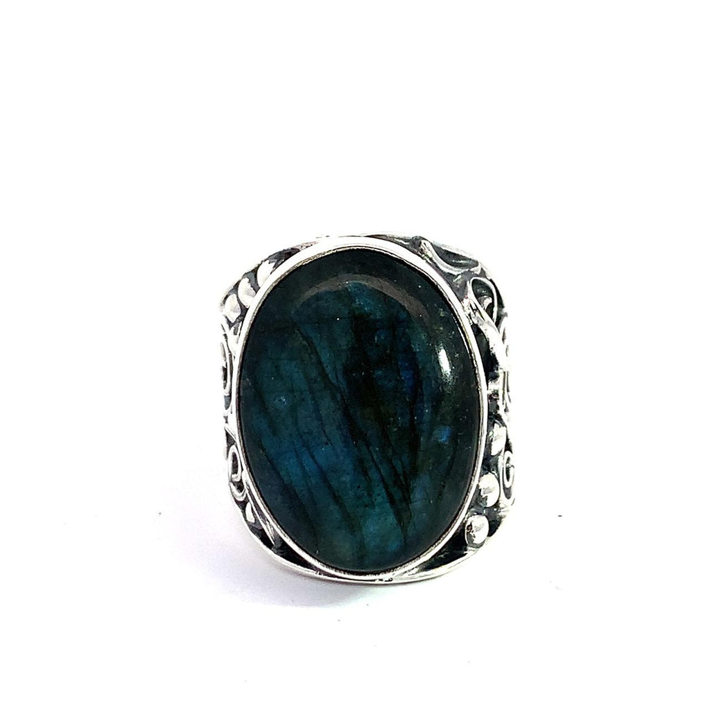 Artisan Sterling Silver Oval Labradorite Statement Ring – Baroque Scrollwork – Taxco Made – Adjustable