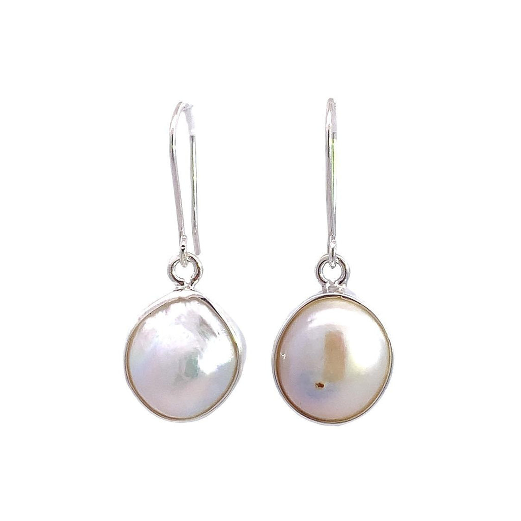 Taxco artisan sterling silver white mabe pearl dangle earrings handcrafted Mexican silver jewelry