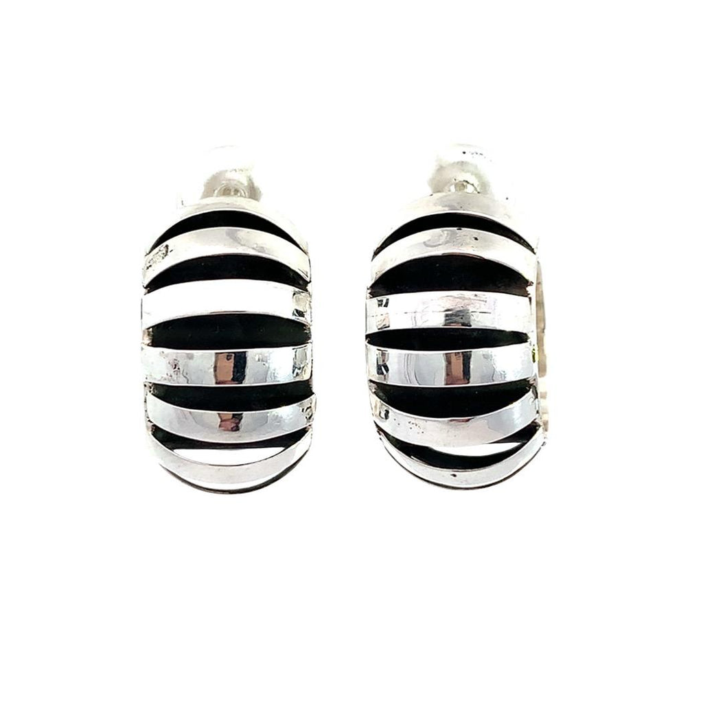 Taxco artisan sterling silver domed hoop earrings with oxidized stripe design handcrafted Mexican jewelry
