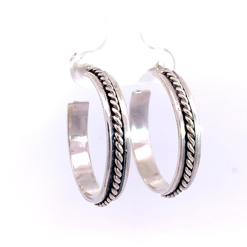 Taxco Sterling Silver Rope Center Hoop Earrings – 30mm Artisan Hoops