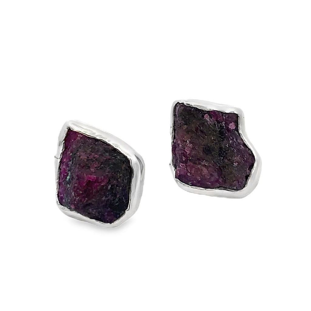 Taxco artisan sterling silver rough ruby stud earrings with natural raw ruby gemstones handcrafted Mexican jewelry