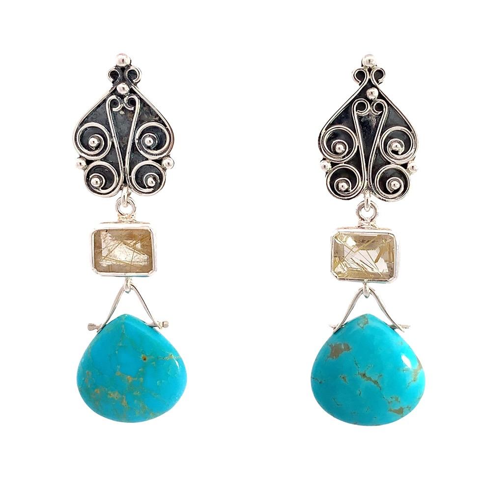 sterling silver Antonio Escorcia earrings with pear shaped turquoise and emerald cut golden rutilated quartz drop design