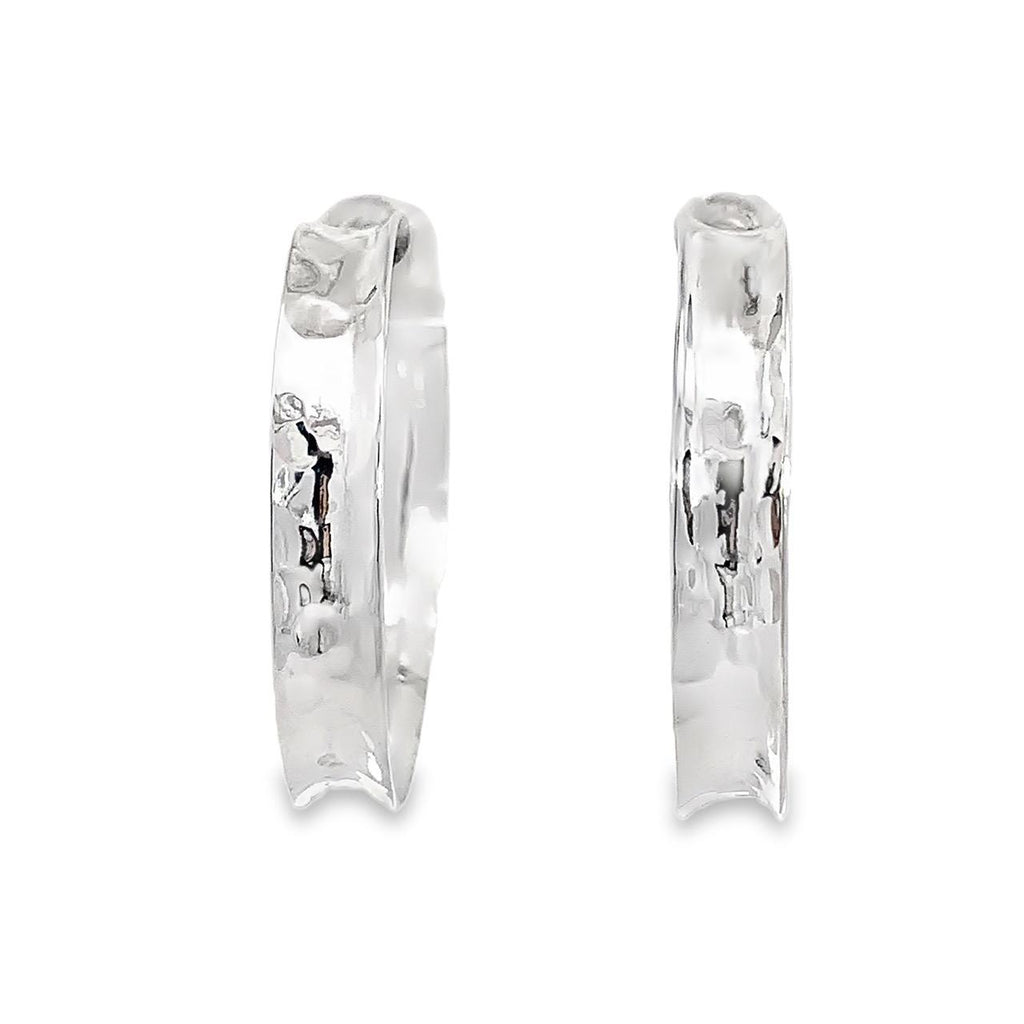 Taxco sterling silver concave hammered hoop earrings with textured artisan finish and post clutch backing