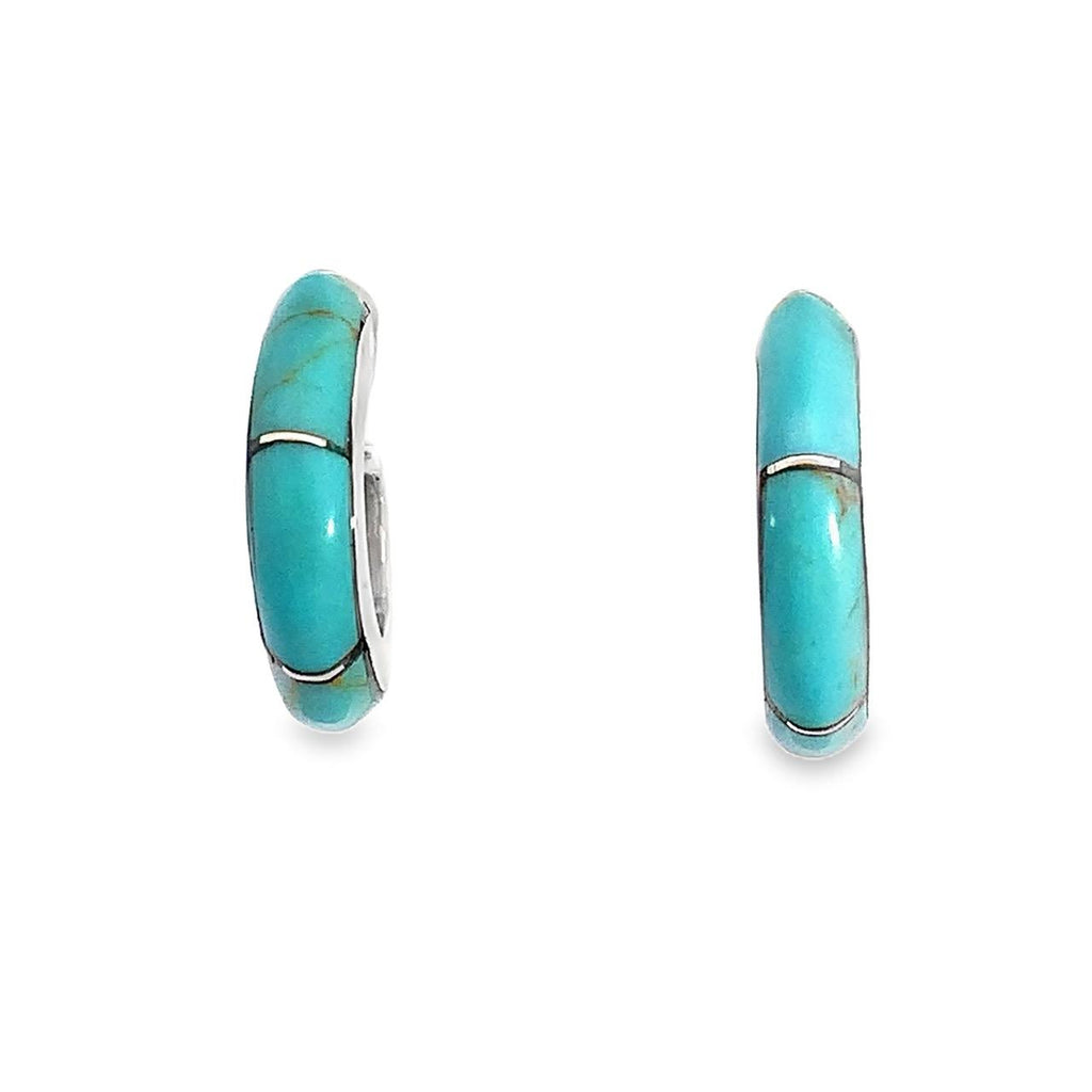 Taxco sterling silver hoop earrings with turquoise inlay and post clutch backing