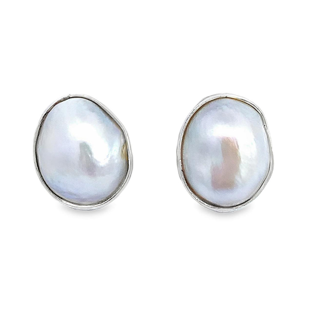 Taxco Artisan Sterling Silver White Mabe Pearl Stud Earrings