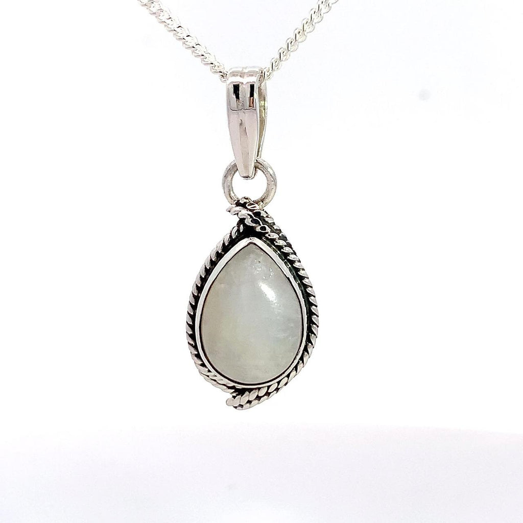 Taxco sterling silver pear shape white cabochon moonstone pendant with rope frame and double ridge bail