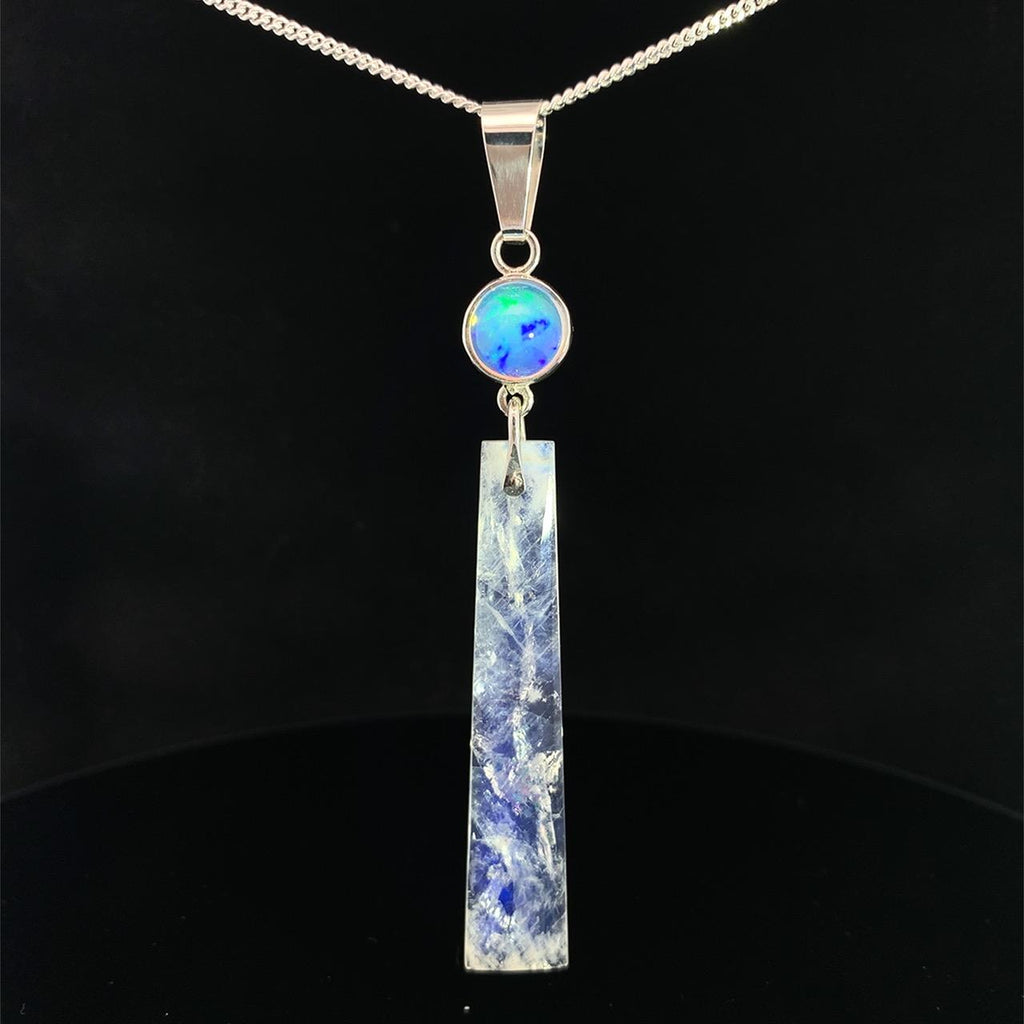 Taxco Artisan Opal & Quartz Long Pendant in Sterling Silver
