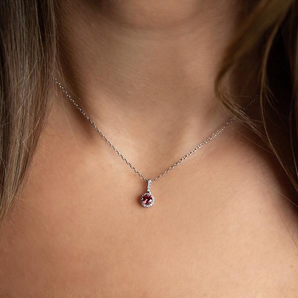 18k White Gold Natural Ruby Diamond Halo Pendant Necklace