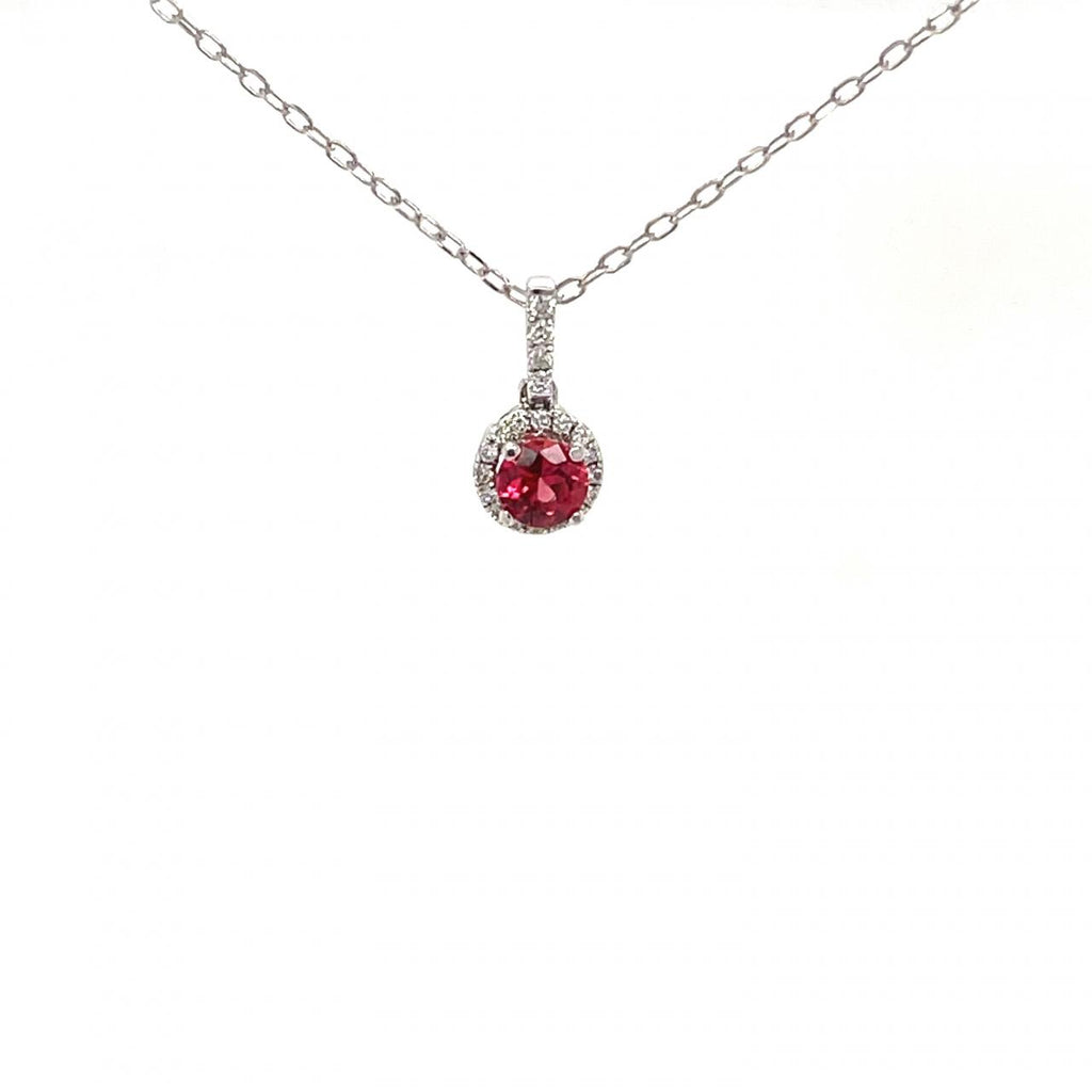 18k White Gold Ruby and Diamond Pendant-Halo Style Necklace