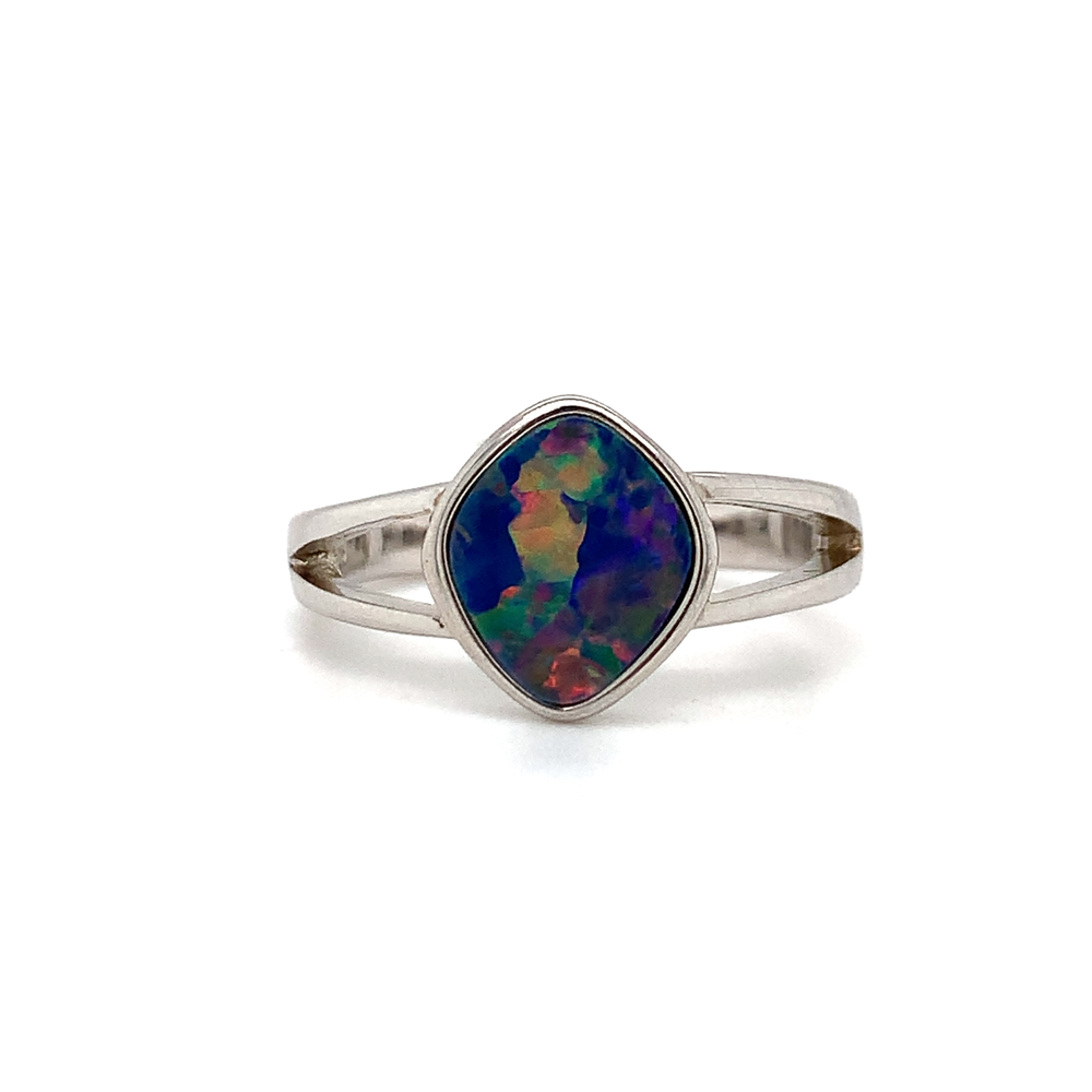 Sterling Silver Abstract Marquise Shaped Opal Doublet Negative Space Ring