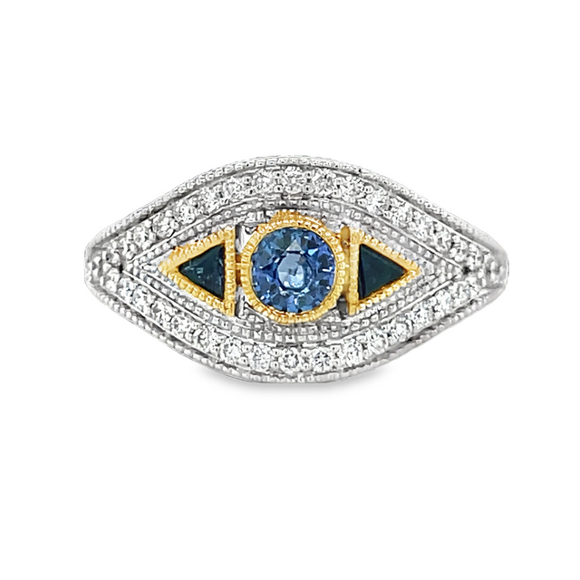 14k White Gold Blue Sapphire and Diamond Ring Front Image