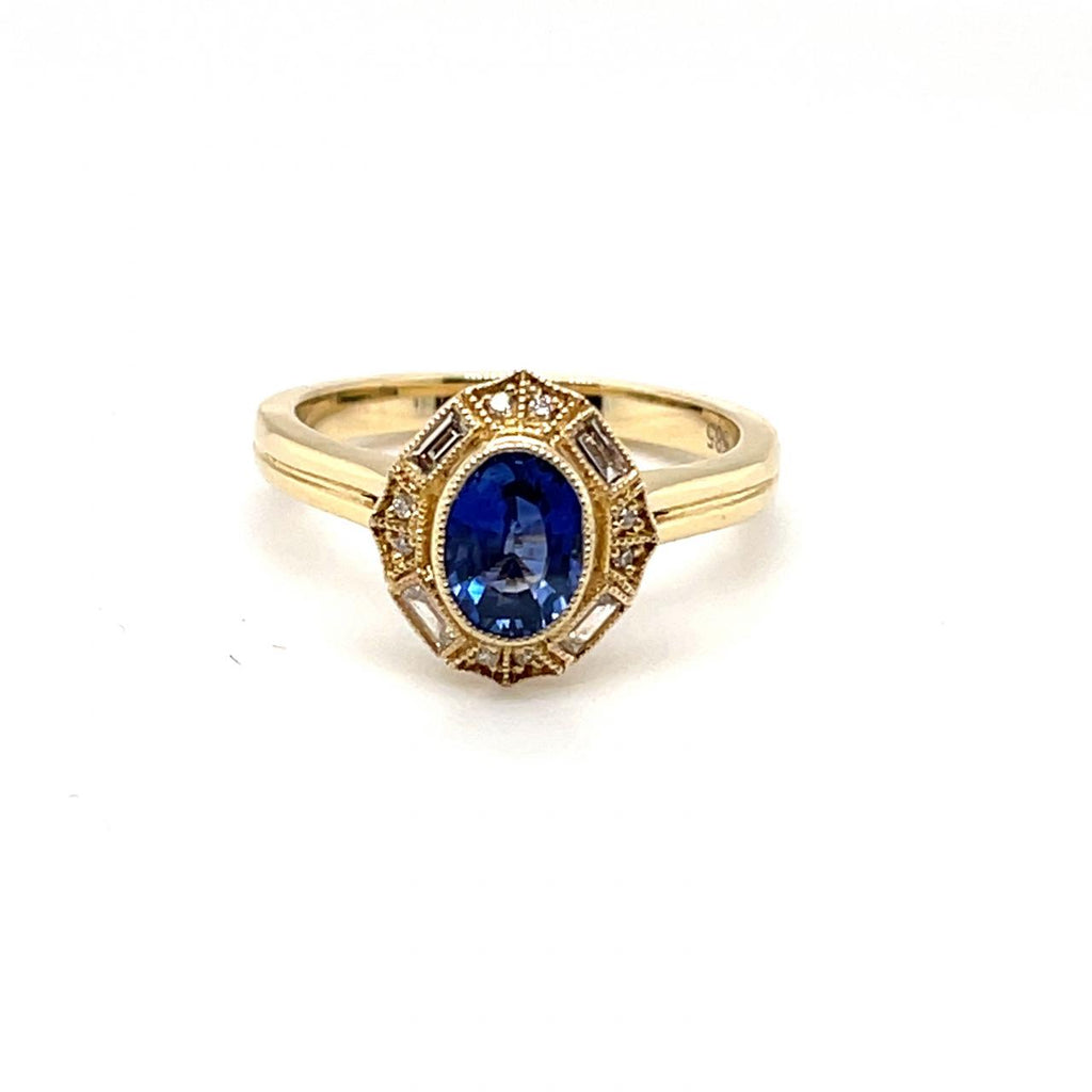 14k Yellow Gold Natural Blue Sapphire & Natural Diamond Halo Ring